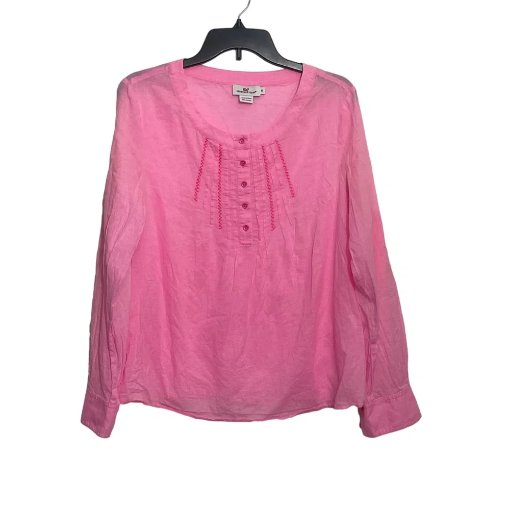 Vineyard Vines Medium Pink Semi Sheer Tunic 1/4 Button‎ Up Baby Doll Top - Picture 5 of 7